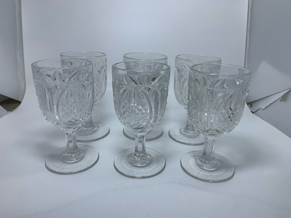6 CUT CRYSTAL WINE GOBLETS.
