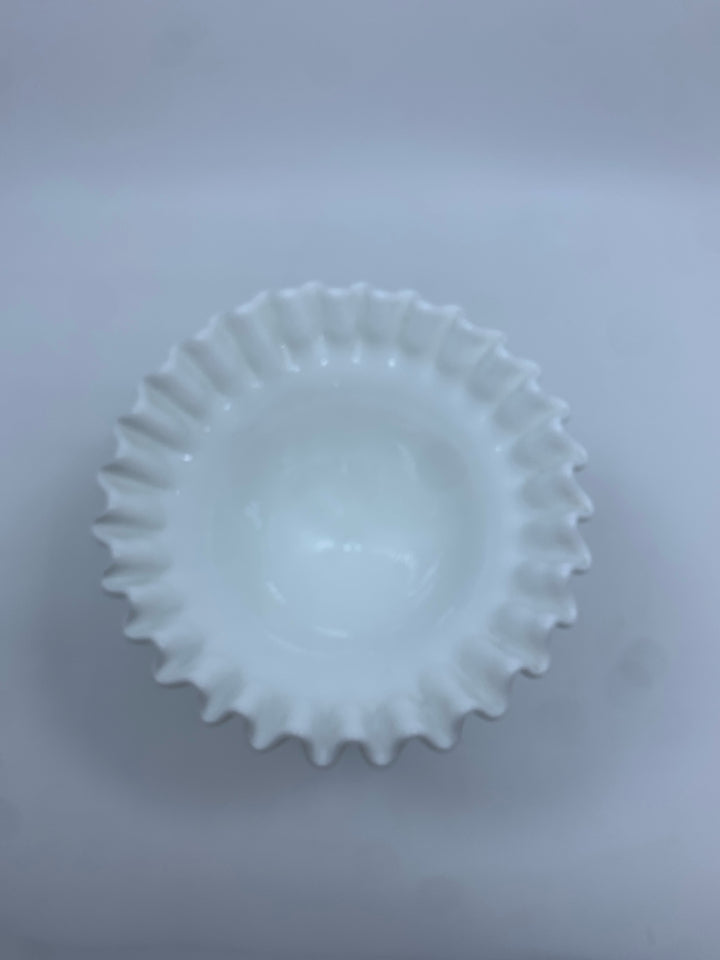 VTG FENTON MILK GLASS HOBNAIL CRIMPED PEDESTAL CANDY DISH.