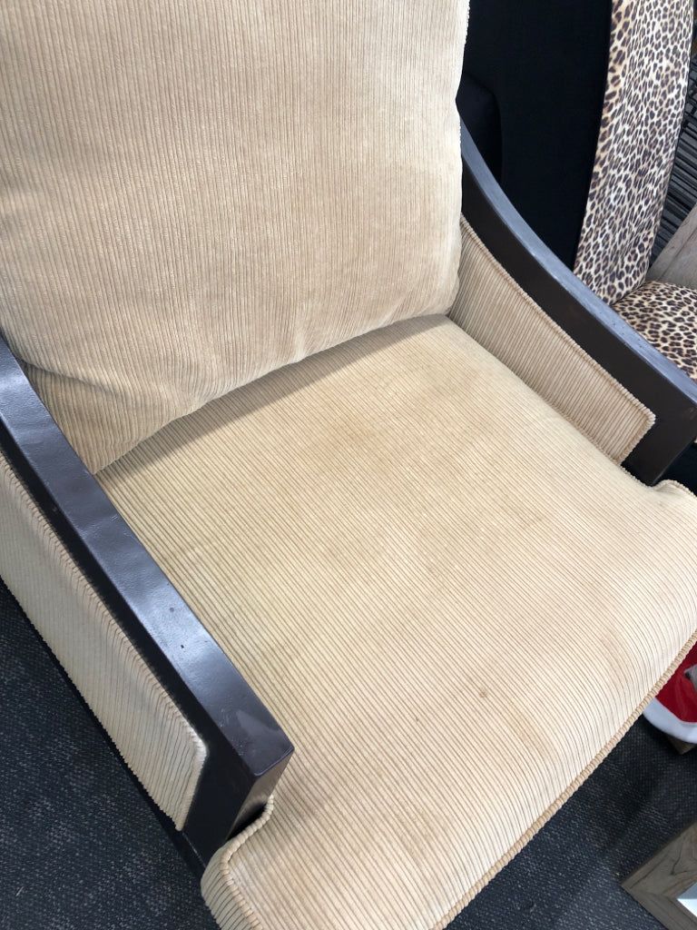BEIGE CORDUROY WOOD CHAIR.