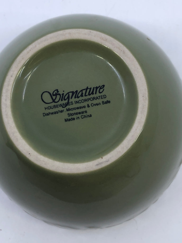 3 NESTING GREEN BOWLS W/ EMBOSSED FRUIT.