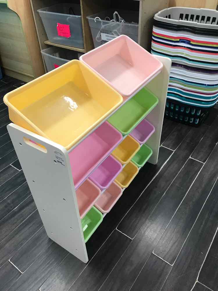 Toy Storage Organizer with 12 Plastic Bins(pastel pink green yellow purple)