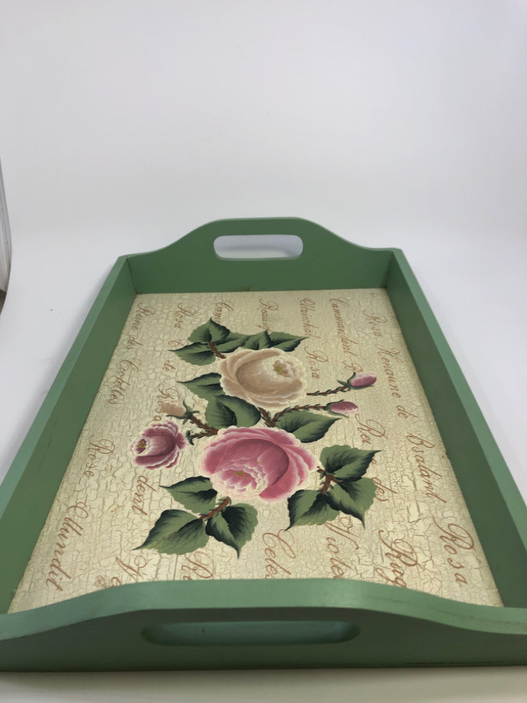 ROSE PAINTED GREEN TRAY W/HANDLES.