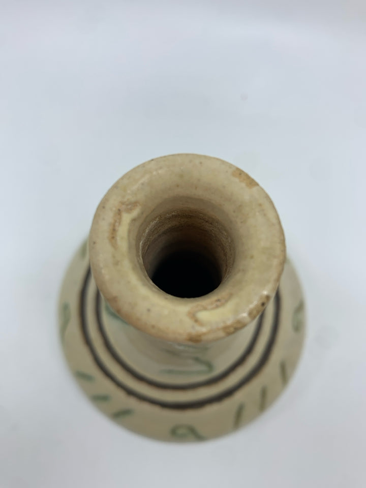 POTTERY VASE W/BROWN+GREEN LINES DESIGN.