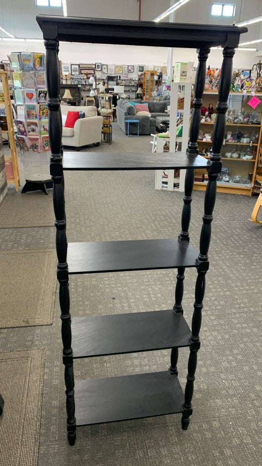 BLACK WOOD SHELF W/SPINDLE LEGS.
