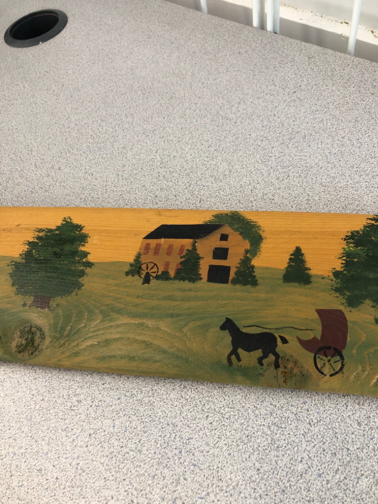 PRIMITIVE PAINTED VILLAGE ON WOOD PLANK.