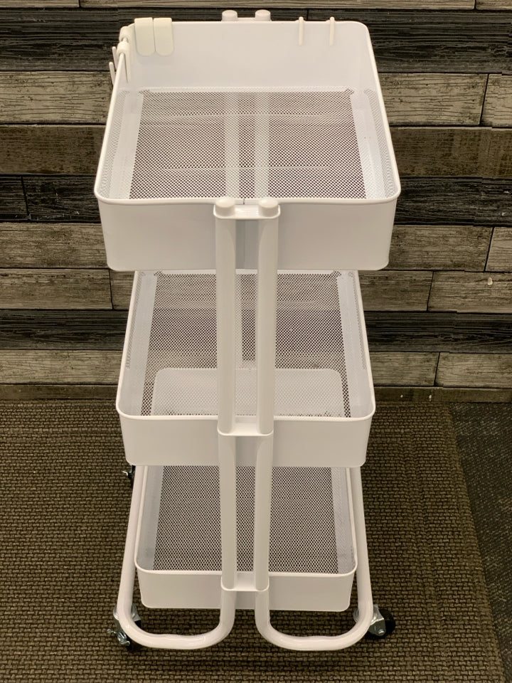 3 TIER WHITE METAL ROLLING CRAFT STORAGE CART.