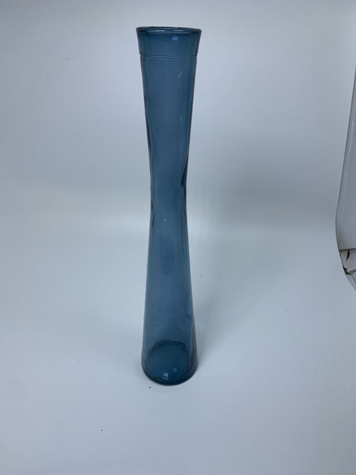 BLUE TINTED GLASS CYLINDER VASE W/ PINCH MIDDLE.