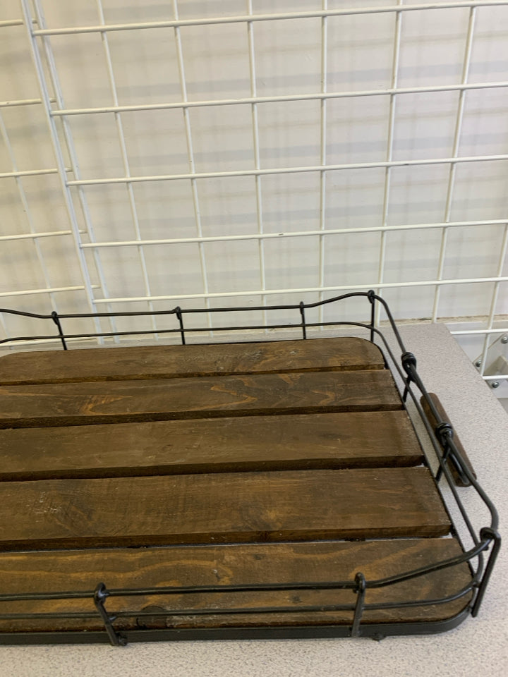 DARK WOODEN TRAY W/METAL SIDES & HANDLES.