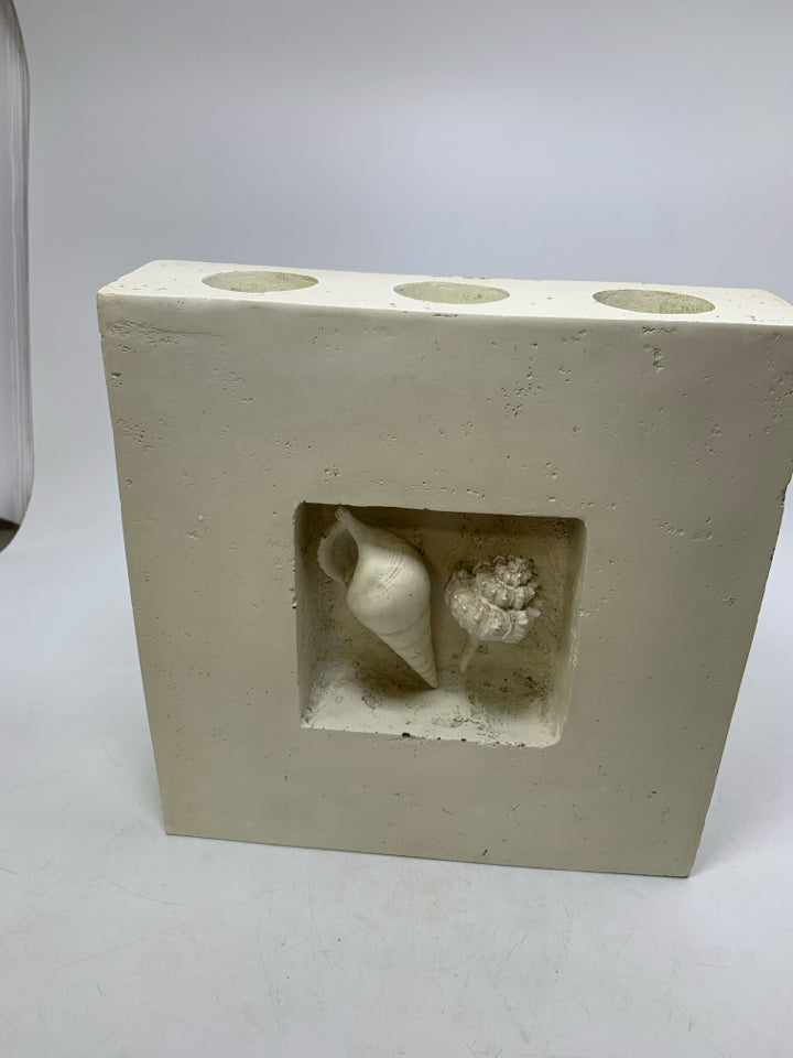 HEAVY SQUARE WALL HANGING WHITE W/ SHELLS 3 SLOT TEA LIGHT HOLDER.