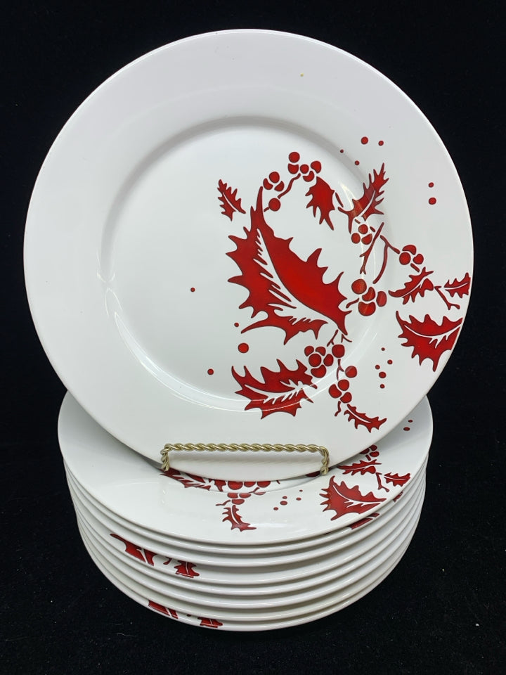 9 RED HOLLY PATTERN LUNCH PLATES.