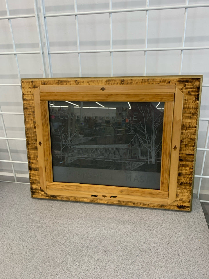 PEPPERELL COVERED BRIDGE ETCHED GLASS ART ON WOOD PLAQUE.