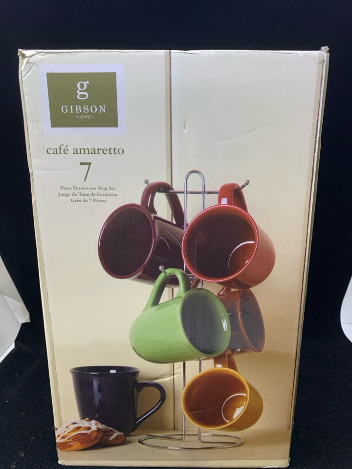 NIB 7 PC STONEWARE ASSORTED MUG SET + MUG TREE