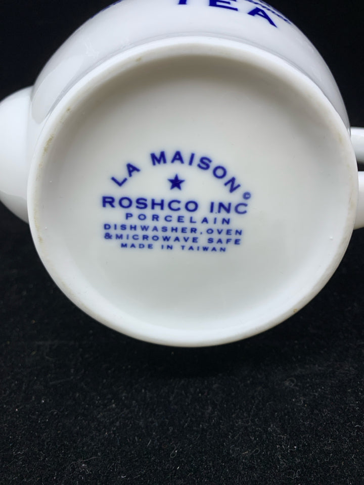 BLUE AND WHITE TEA POT.