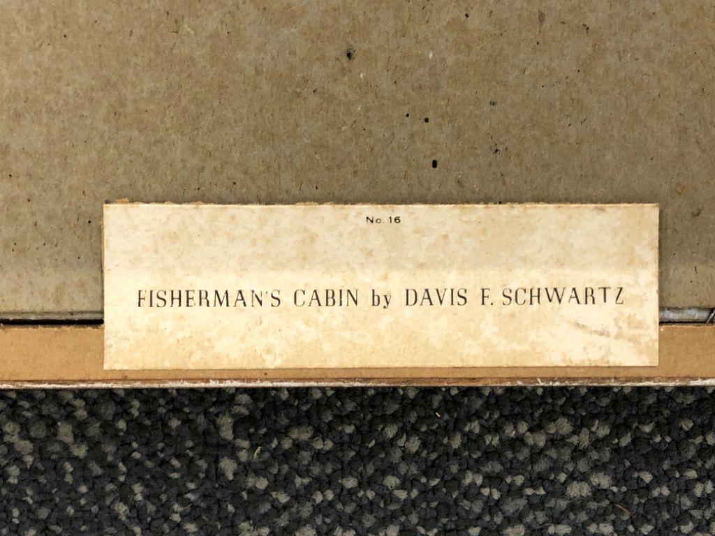 VTG FISHERMAN'S CABIN REPRODUCTION FRAMED PRINT- DAVIS F SCHWARTZ.