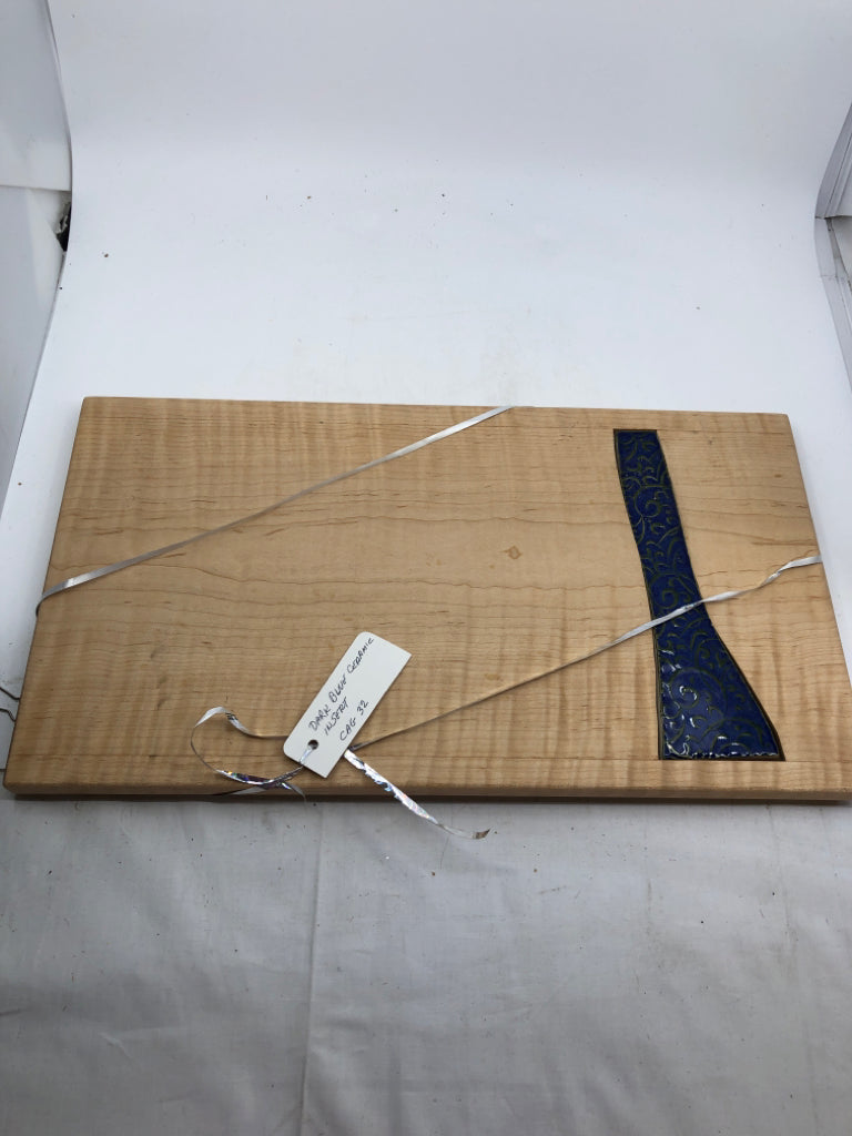 WOOD CHEESE BOARD W DARK BLUE POTTERY SERVER.