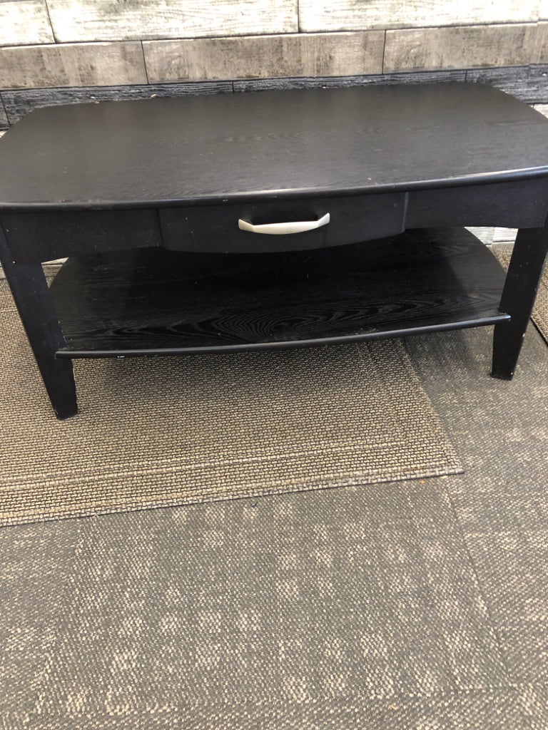 BLACK FAUX WOOD 2 TIER COFFEE TABLE W/ DRAWER.