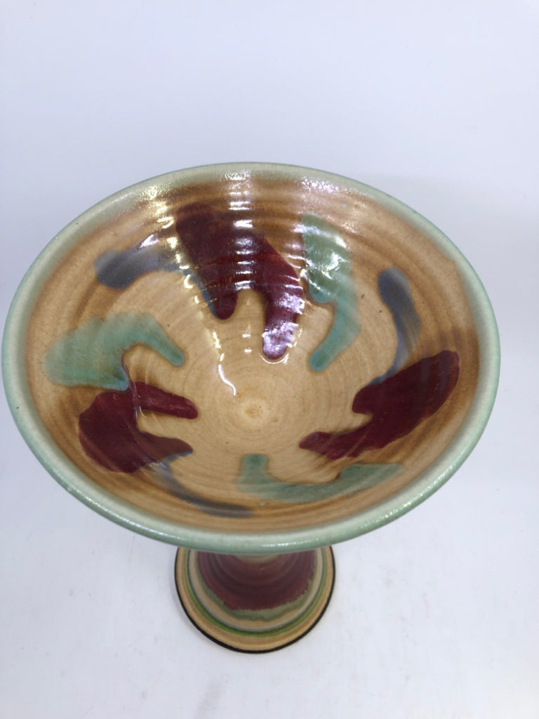 ABSTRACT PAINTED POTTERY CHALICE CREAM, GREEN & RED.