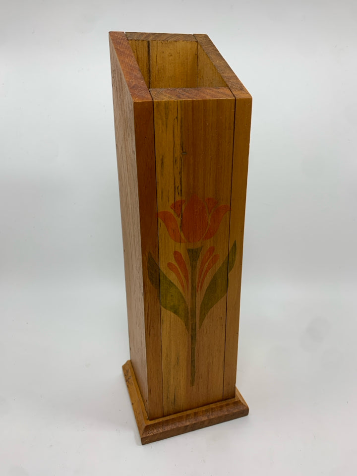 WOODEN VASE W/PAINTED FLOWER DESIGN.
