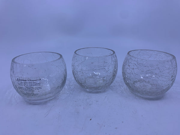 3PC CRACKED GLASS TEA LIGHT CANDLE HOLDERS.
