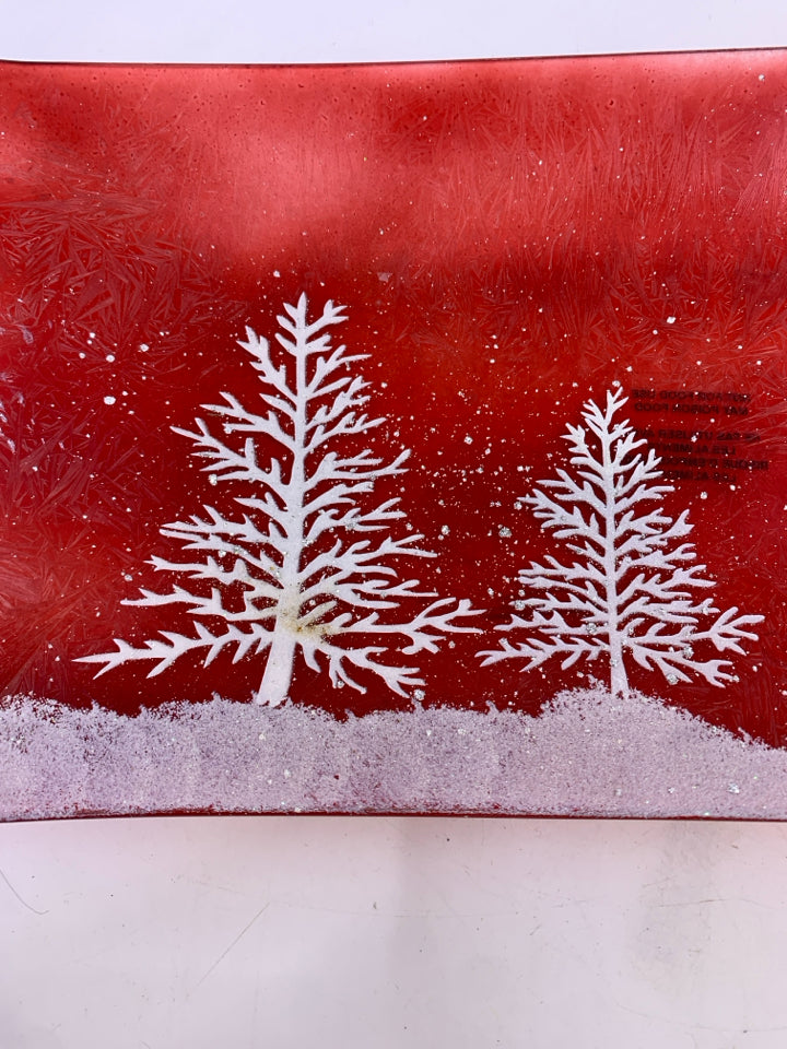 RECTANGLE RED GLASS WHITE GLITTER TREES PLATTER.