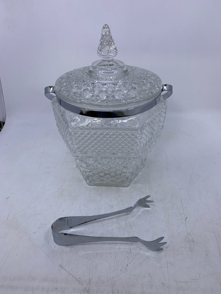 CUT GLASS ICE BUCKET W/ LID METAL HANDLE+TONGS.