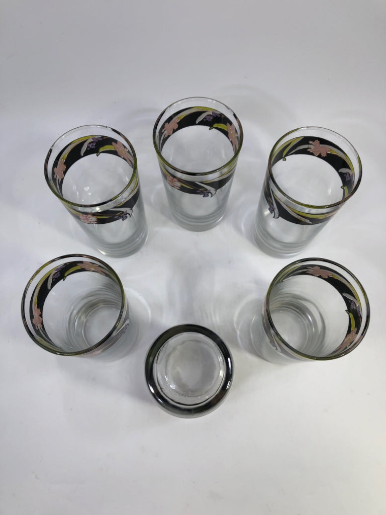 6 VTG CHINA PEARL GLASSES PINK/BLACK FLORAL.