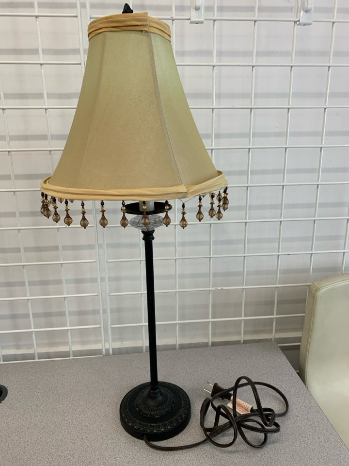 METAL LAMP W/BEADED SHADE.