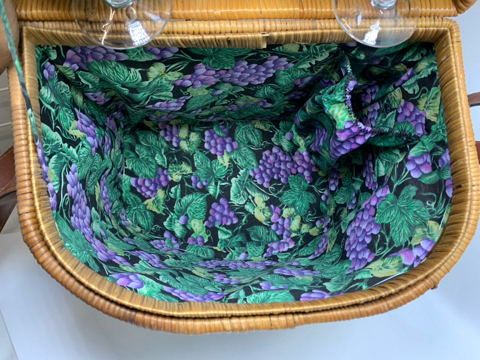 GRAPE PAINTED WICKER PICNIC BASKET W/2 PLASTIC CUPS & BOTTLE OPENER.