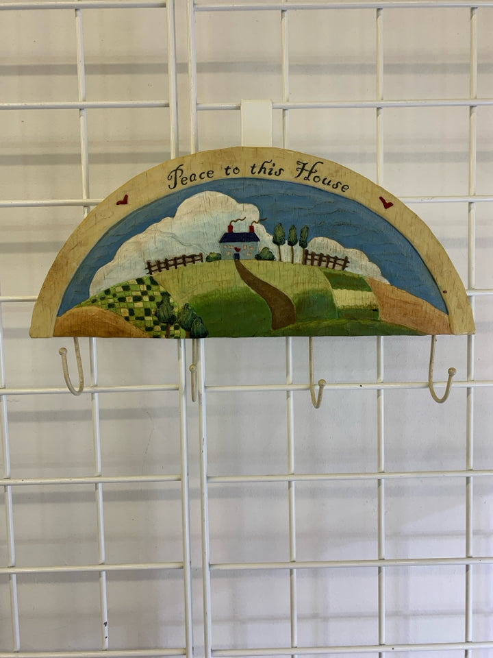 "PEACE TO THIS HOUSE" HALF MOON CERAMIC 4 HOOK WALL HANGING.