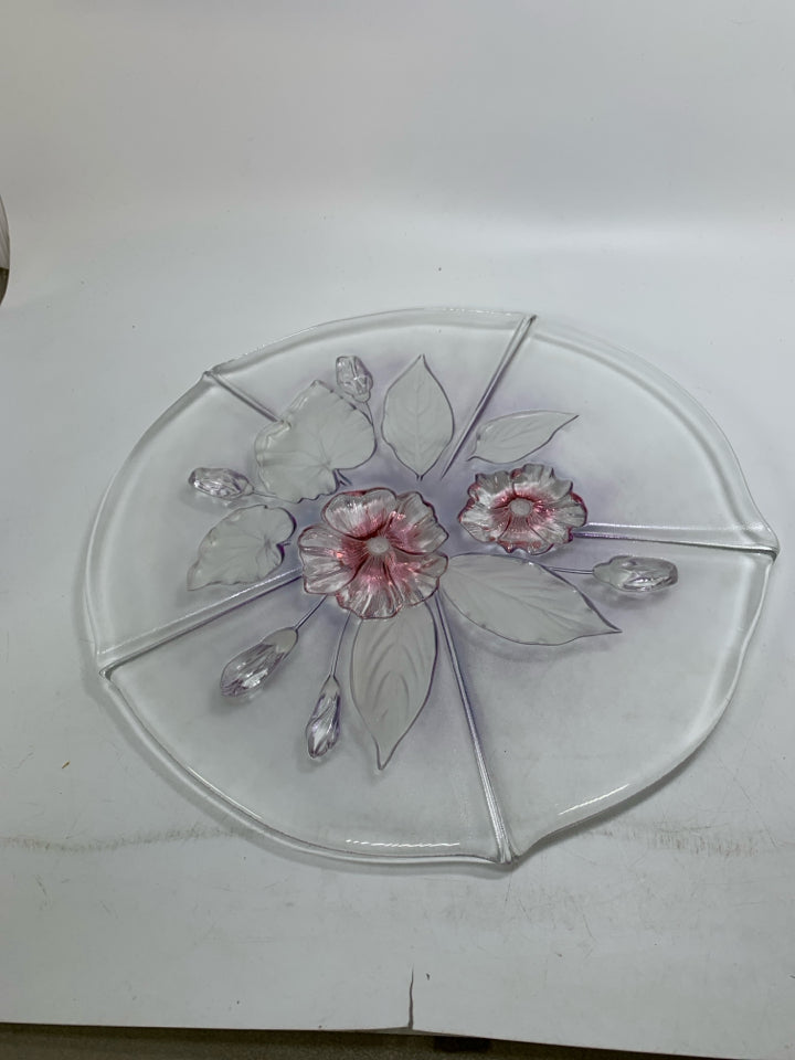GLASS PLATTER W/ PINK FLOWERS W/ LEAVES.