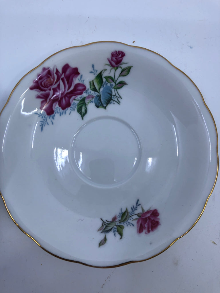 PINK ROSE, GREEN LEAVES TEACUP AND SAUCER.