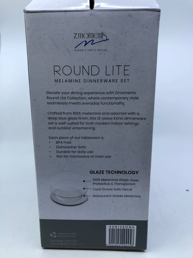 NIB 12pc ROUND LITE MELAMINE DISH SET.