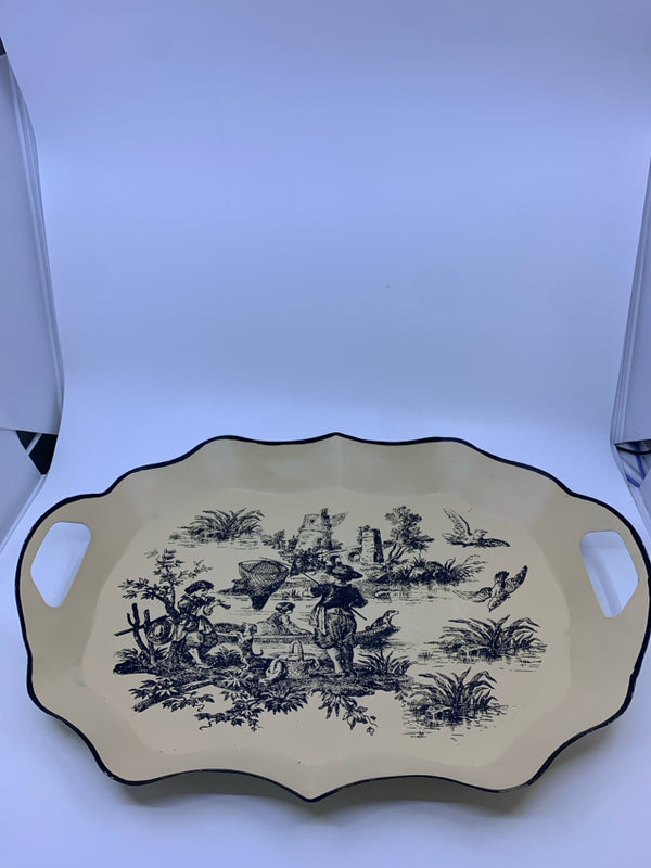 SERVING TRAY W/ BLACK AND WHITE NATURE SCENE TOILLE PRINT.