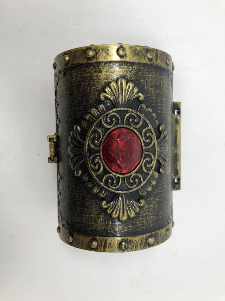 BRONZE DISTRESSED PLASTIC TREASURE CHEST W/LOCK AND KEY.