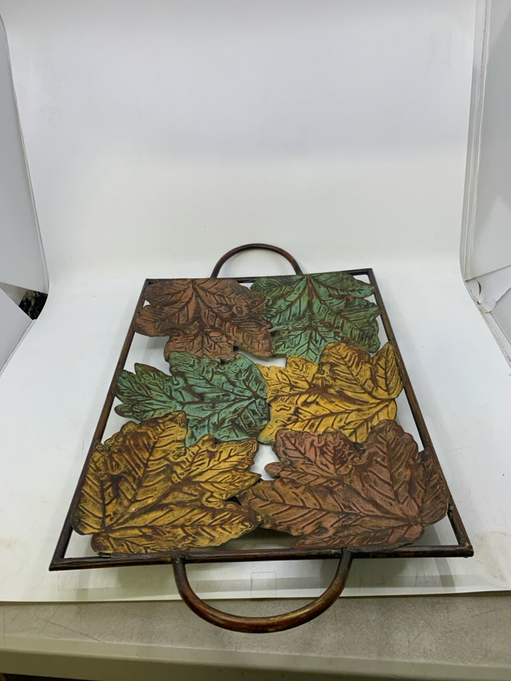 METAL TRAY W/ COLORED LEAVES.