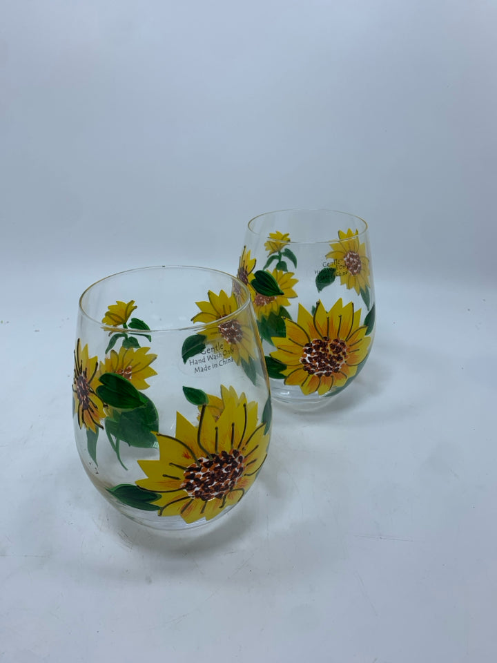 2 STEMLESS SUNFLOWER PAINTED GLASSES.