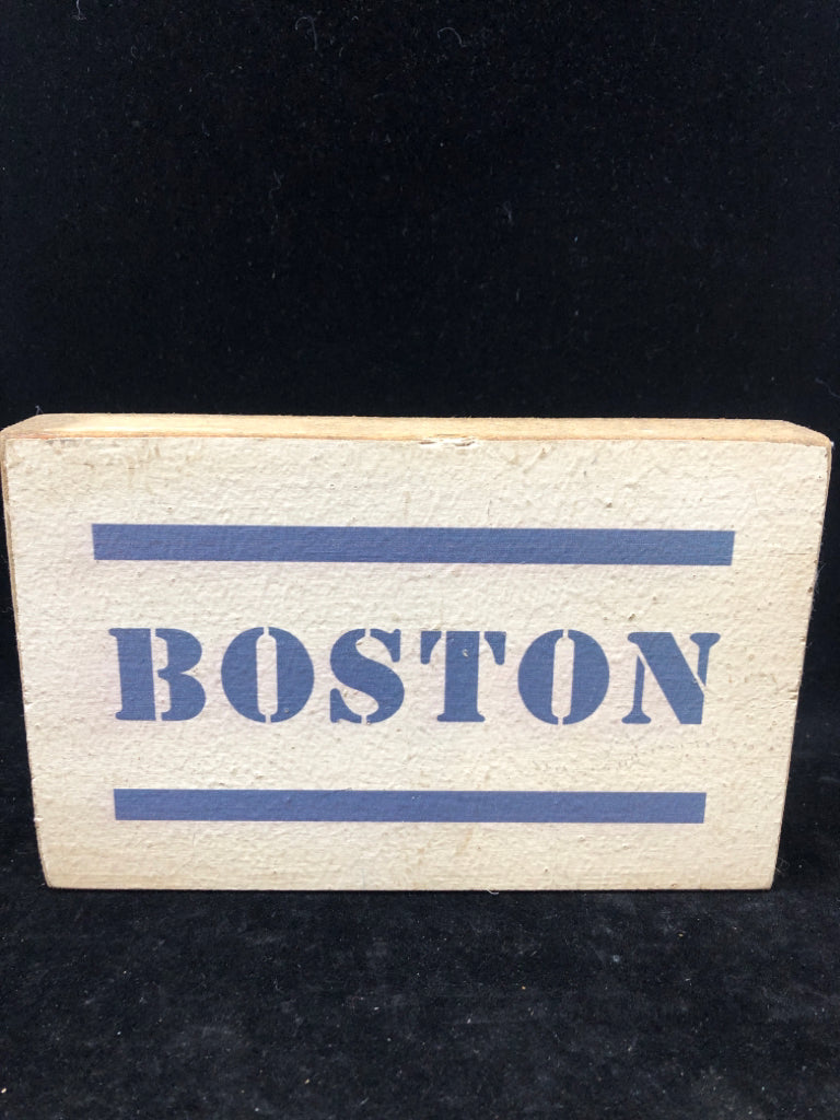 WOOD BLOCK SIGN BOSTON BLUE WRITING.