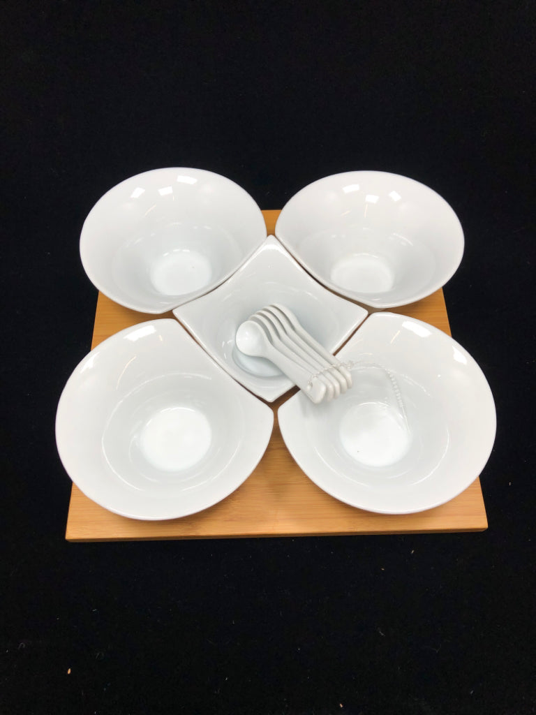 6PC CERAMIC SERVING SET ON BAMBOO TRAY W/SPOONS.