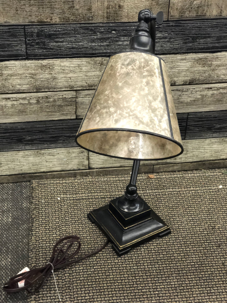 BRONZE BASE CURVED ARM TABLE LAMP W/IRIDESCENT SHADE.