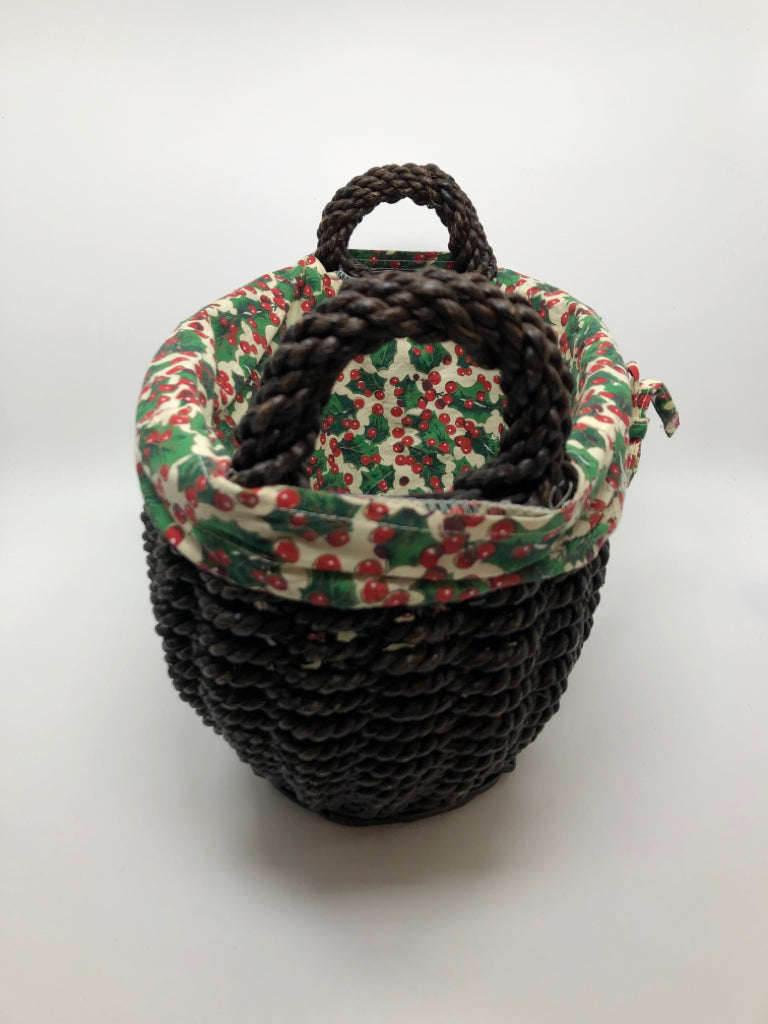BROWN WICKER BASKET W/HOLLY FABRIC INSERT.