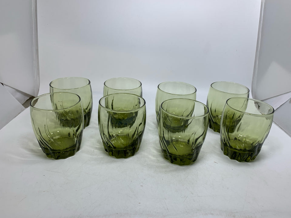 8 VTG AVOCADO GREEN SWIRL WAVE JUICE GLASSES.