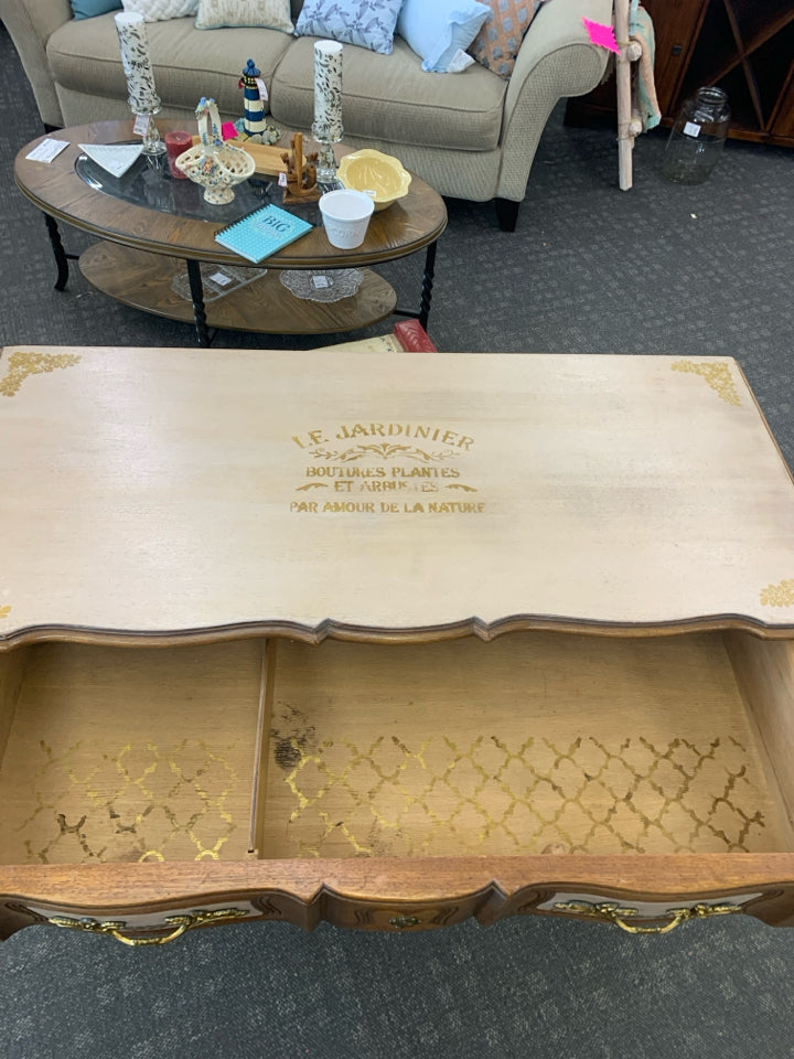 VTG HEAVY WOOD REFURBISHED 3 DRAWER DRESSER PAINTED CREAM W/ GOLD ACCENTS.