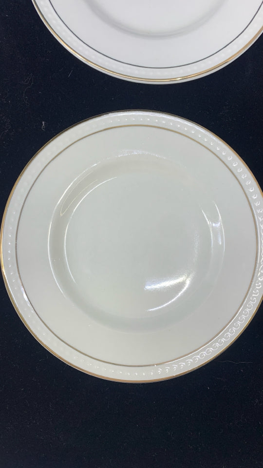 4 CREAM CUPS + SAUCERS- CREAM W/GOLD RIM.