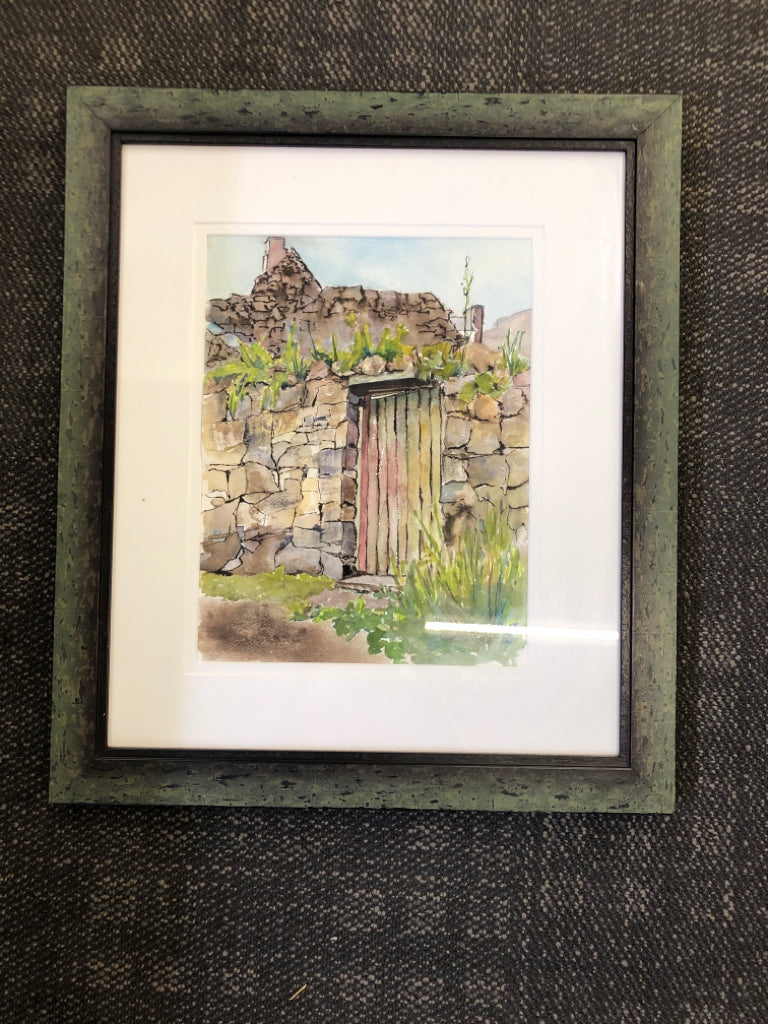 WATERCOLOR DOOR IN STONE WALL FRAMED ART- SIGNED.