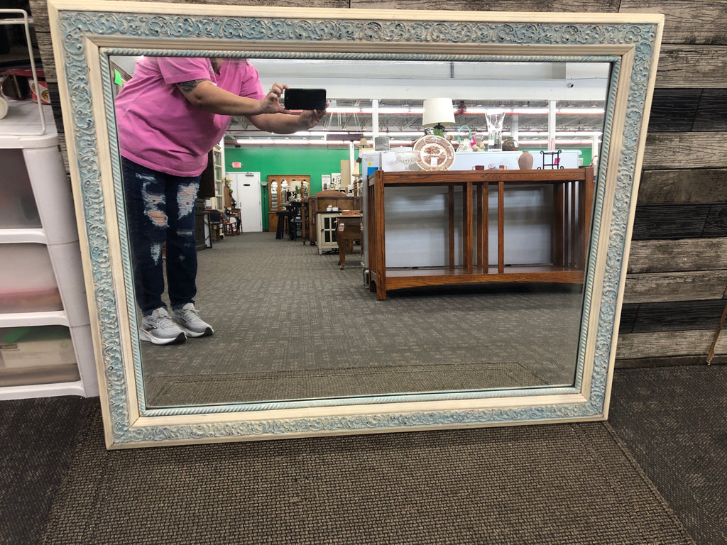LARGE LIGHT BLUE EMBOSSED HANGING MIRROR.