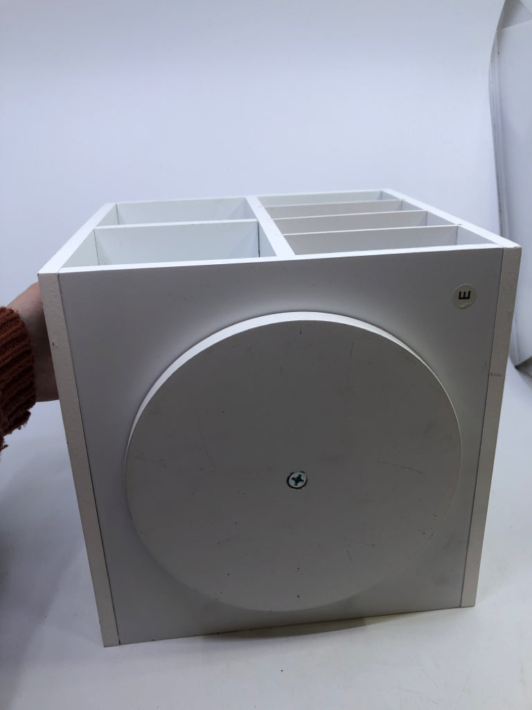 WHITE ORGANIZATION SPINNING CUBE W/ PULL-OUT DRAWER, 2 HOOKS & MAGNET WALL.