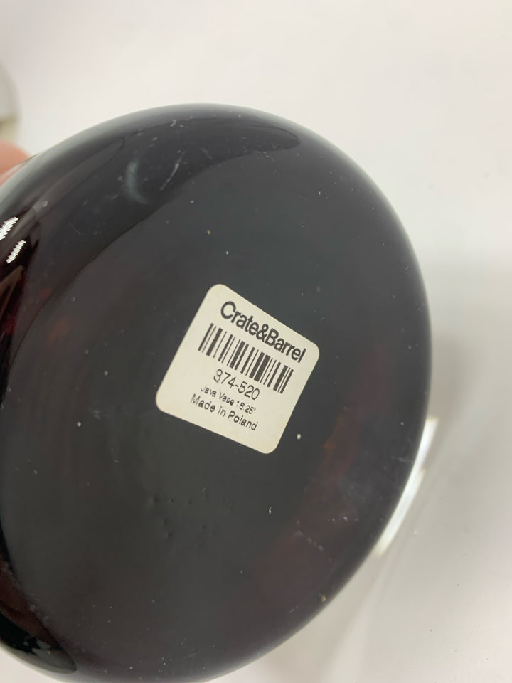 BROWN BLOWN GLASS VASE W/CLEAR BASE.