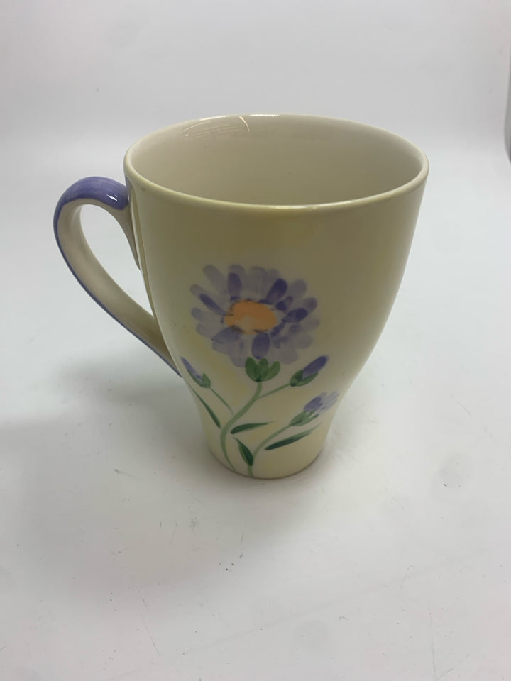 4 PURPLE FLOWER PAINTED COFFEE MUGS.
