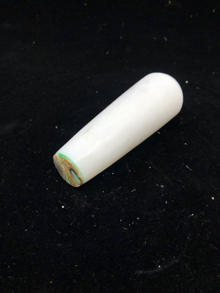 SMALL WHITE MARBLE MORTAR & PESTLE W/ IRIDESCENT SHELL RIM.