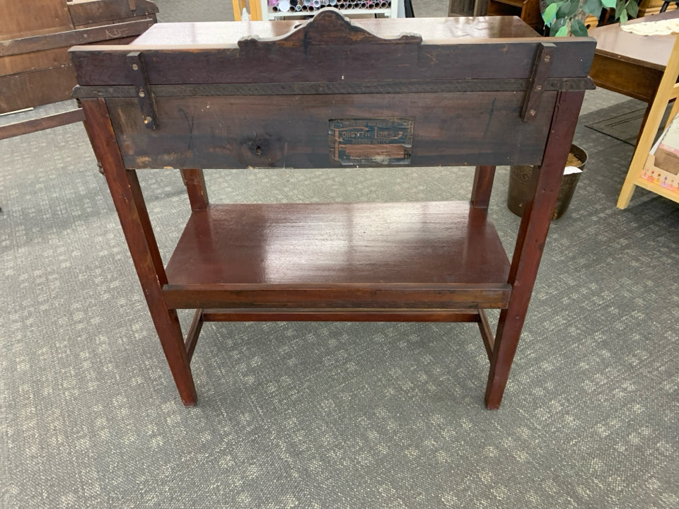 VTG RED STAINED 2 TIER TEA CART W/ DRAWER EMBOSSED BOWS METAL HARDWARE FORSYTH L